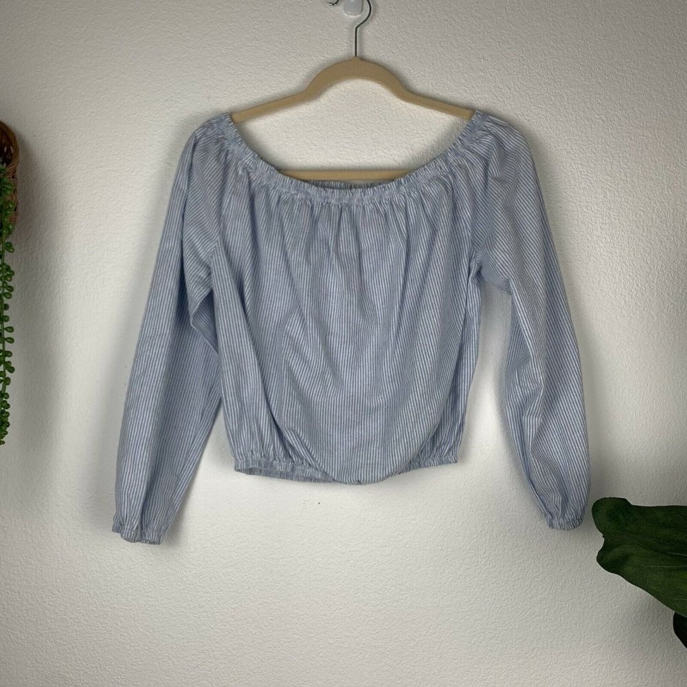 John Galt Brandy Melville Blue White Pinstripe Cropped Top Blouse